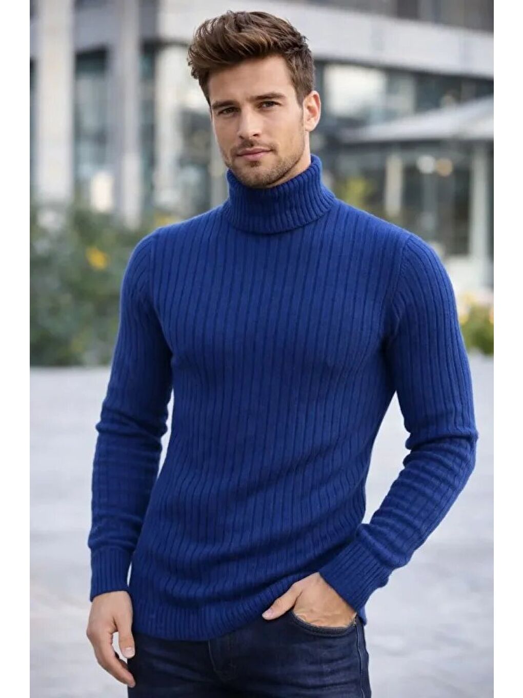 İndigo Erkek Balıkcı Yaka Bağazlı Triko Kazak