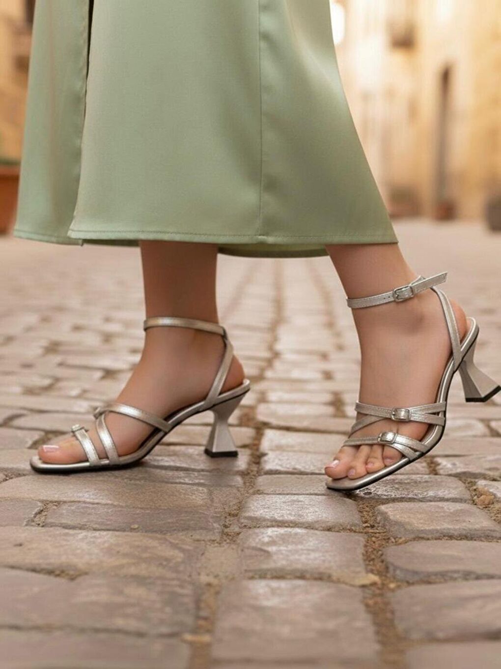 Gri Kadın Adel Gümüş Cilt Klasik Topuklu Sandalet-3