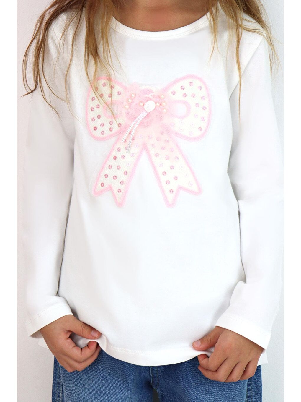 Kız Çocuk Uzun Kollu Tişört Fiyonk Armalı İnci Detaylı Tüllü Ekru (3-8 Yaş)-3