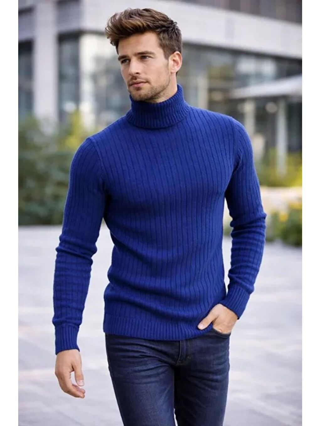 İndigo Erkek Balıkcı Yaka Bağazlı Triko Kazak-2