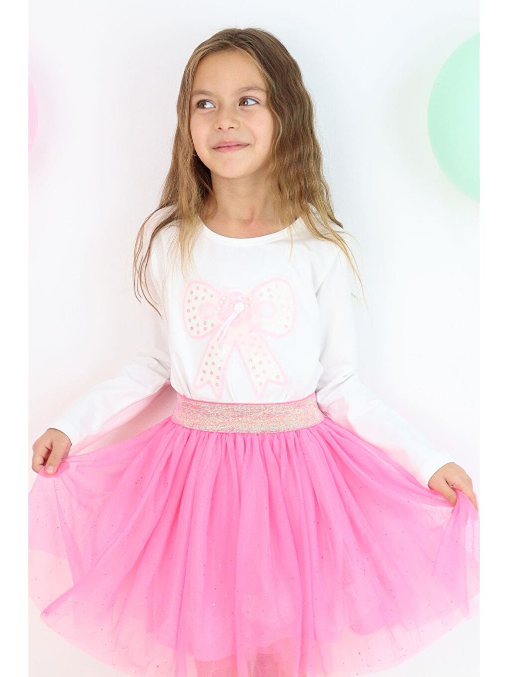 Kız Çocuk Uzun Kollu Tişört Fiyonk Armalı İnci Detaylı Tüllü Ekru (3-8 Yaş)-5