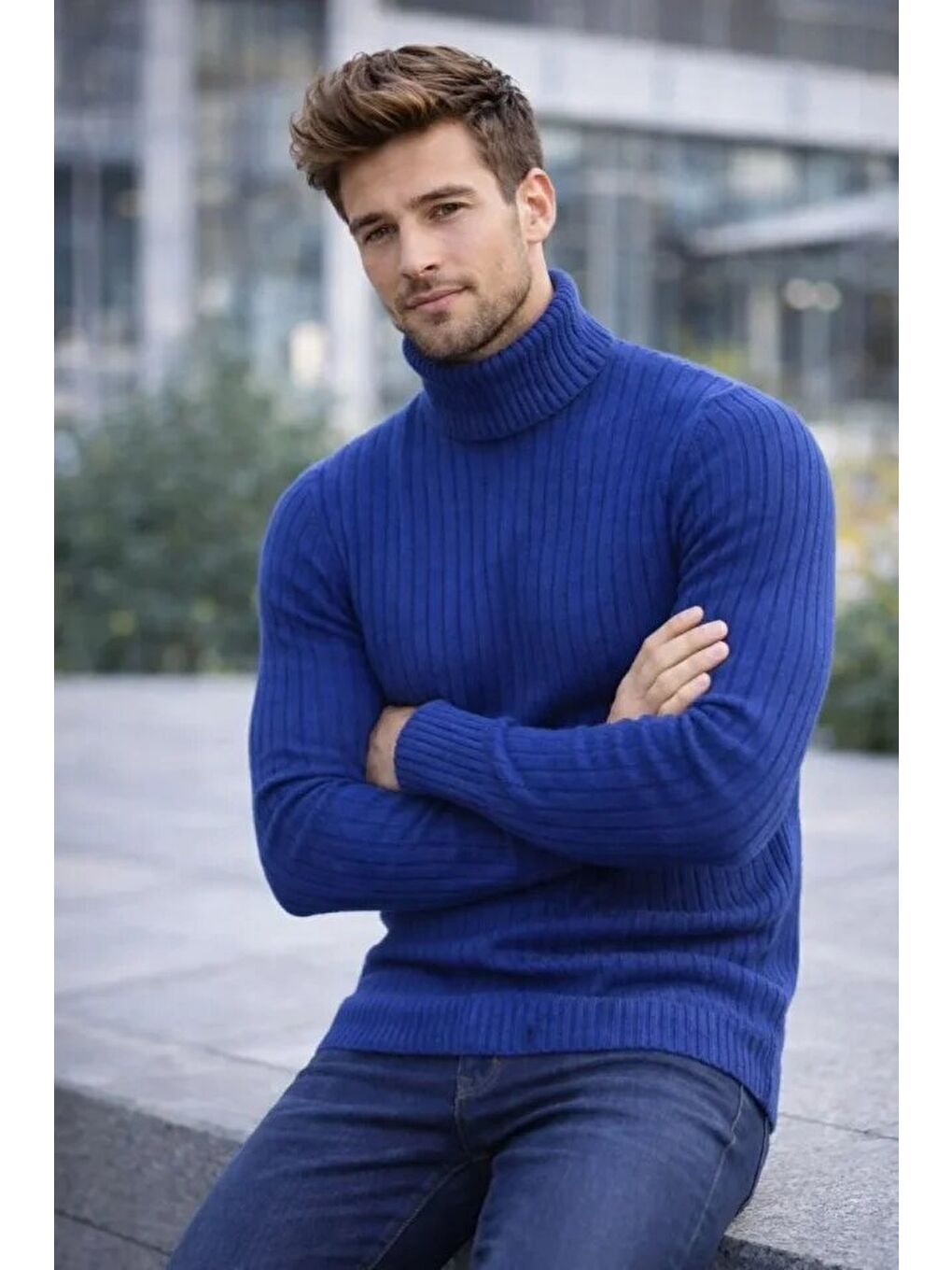 İndigo Erkek Balıkcı Yaka Bağazlı Triko Kazak-3