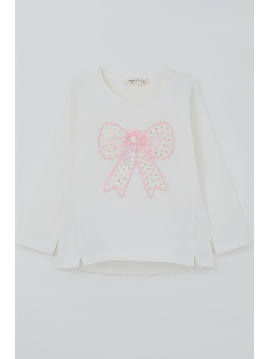 Kız Çocuk Uzun Kollu Tişört Fiyonk Armalı İnci Detaylı Tüllü Ekru (3-8 Yaş)-6
