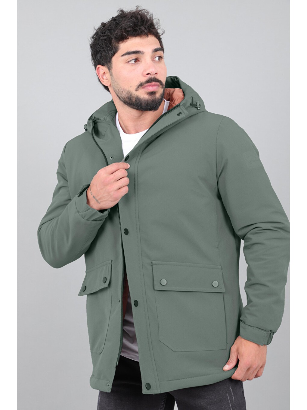 Yeşil Kapitoneli Torba Cep Sabit Kapüşon Kışlık Mont Pldp 3039_50527-1