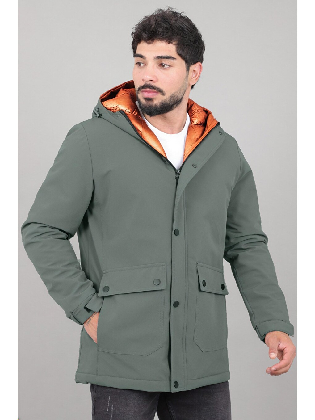 Yeşil Kapitoneli Torba Cep Sabit Kapüşon Kışlık Mont Pldp 3039_50527-2
