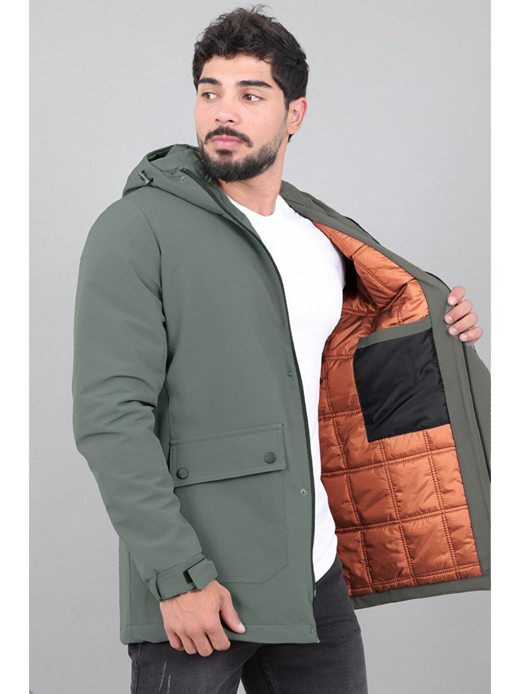 Yeşil Kapitoneli Torba Cep Sabit Kapüşon Kışlık Mont Pldp 3039_50527-3