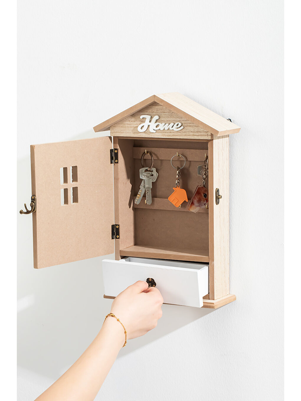 Kahverengi 2071 Duvara Montajlı Çekmeceli Dekoratif Anahtarlık Dolabı Askılı Anahtar Saklama Kabini-1