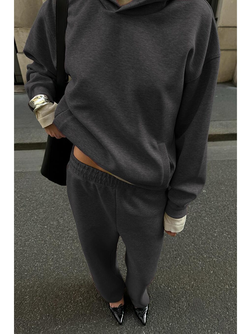 Gri Füme Kapüşonlu Triko Kadın Eşofman Takımı Mg2533-1