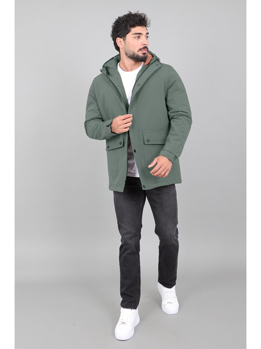 Yeşil Kapitoneli Torba Cep Sabit Kapüşon Kışlık Mont Pldp 3039_50527-5
