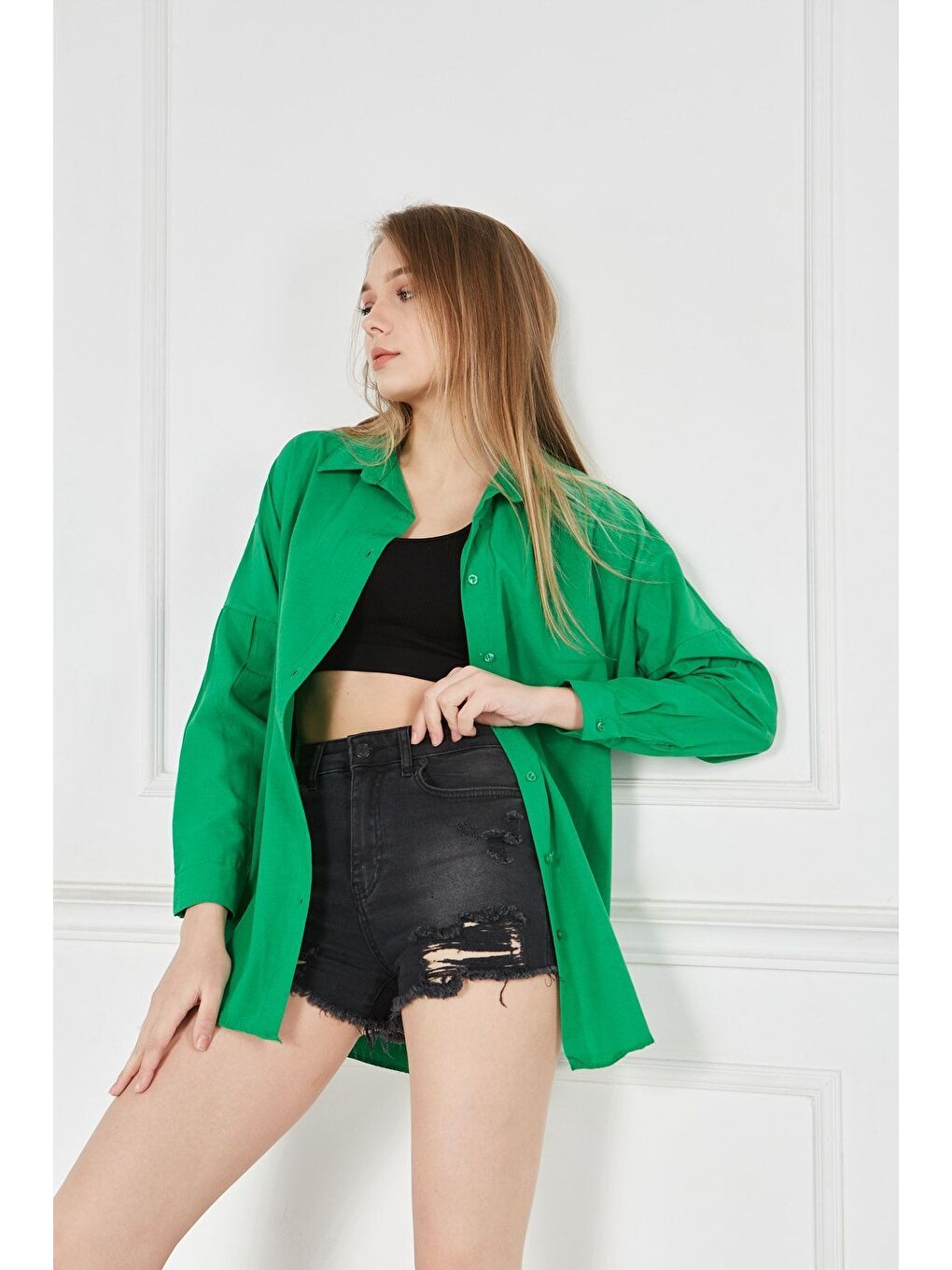 Kadın Oversize Uzun Basic Yeşil Gömlek-1