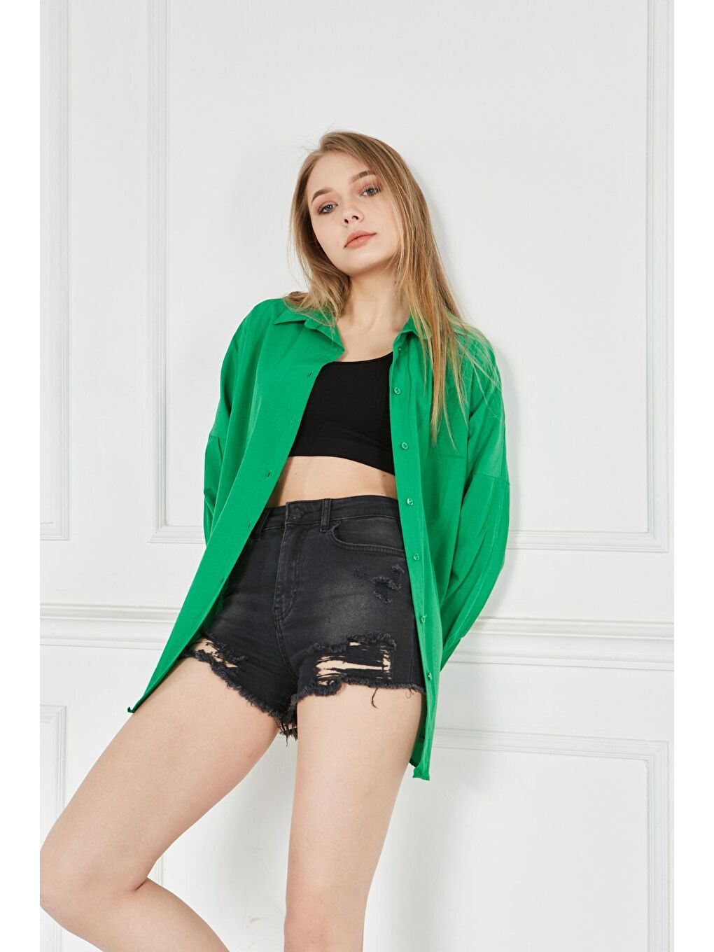 Kadın Oversize Uzun Basic Yeşil Gömlek-2