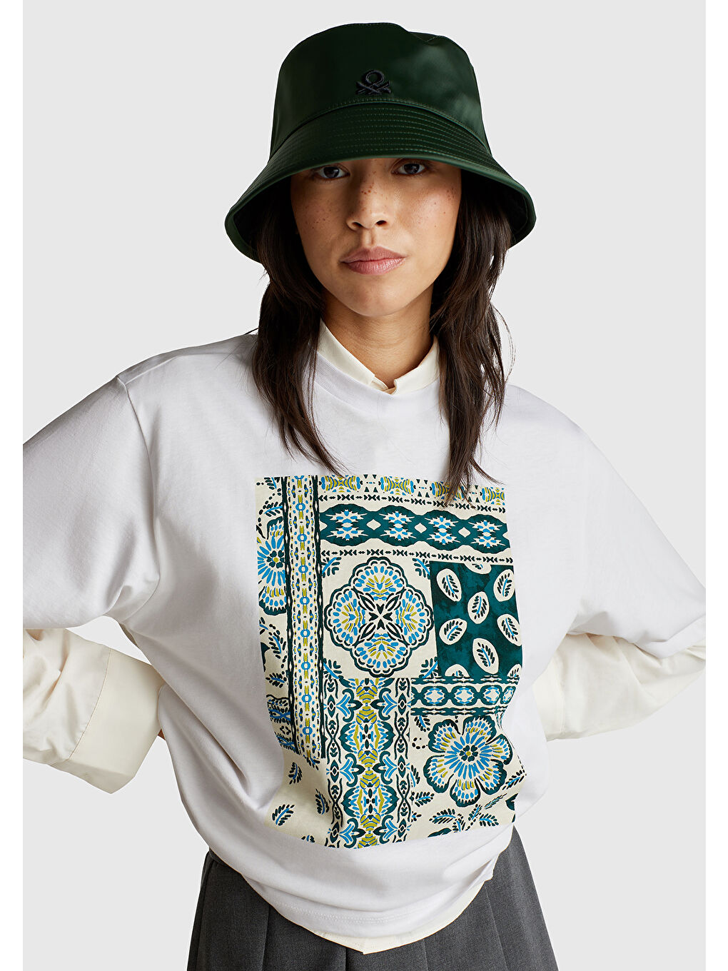 Kadın Beyaz Pamuk Karışımlı Baskılı T-Shirt-5