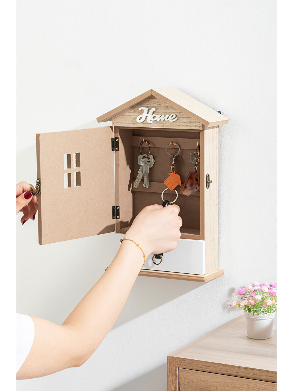 Kahverengi 2071 Duvara Montajlı Çekmeceli Dekoratif Anahtarlık Dolabı Askılı Anahtar Saklama Kabini-2