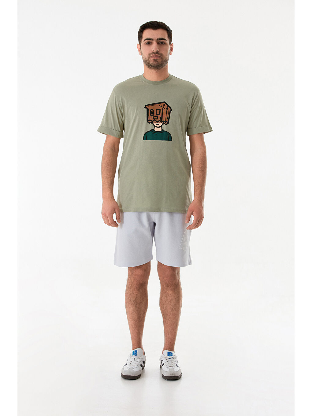 Turkuaz Dijital Baskı Bisiklet Yaka Tişört-1