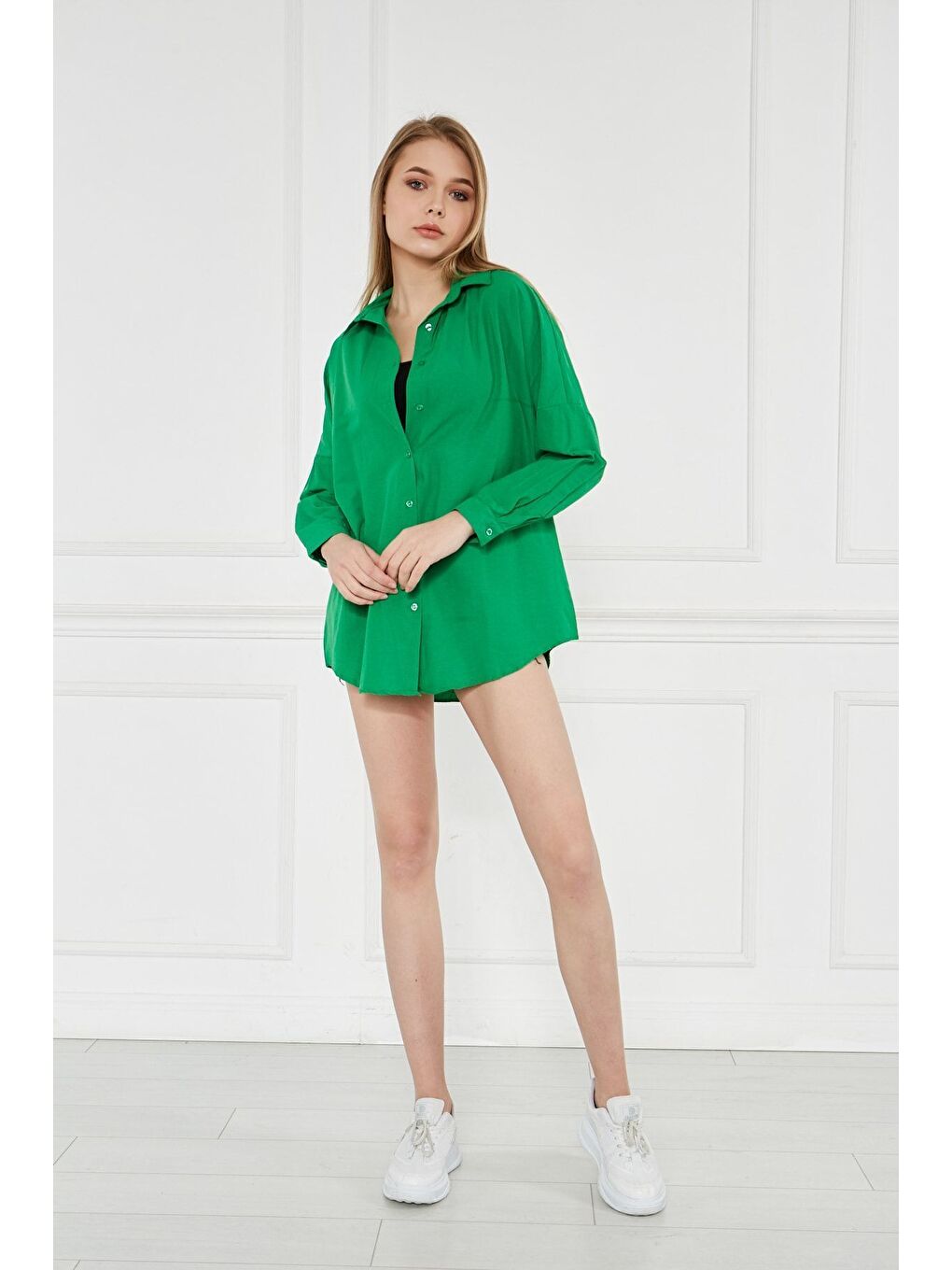 Kadın Oversize Uzun Basic Yeşil Gömlek-5