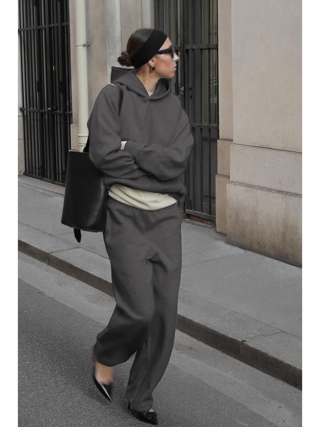 Gri Füme Kapüşonlu Triko Kadın Eşofman Takımı Mg2533-2