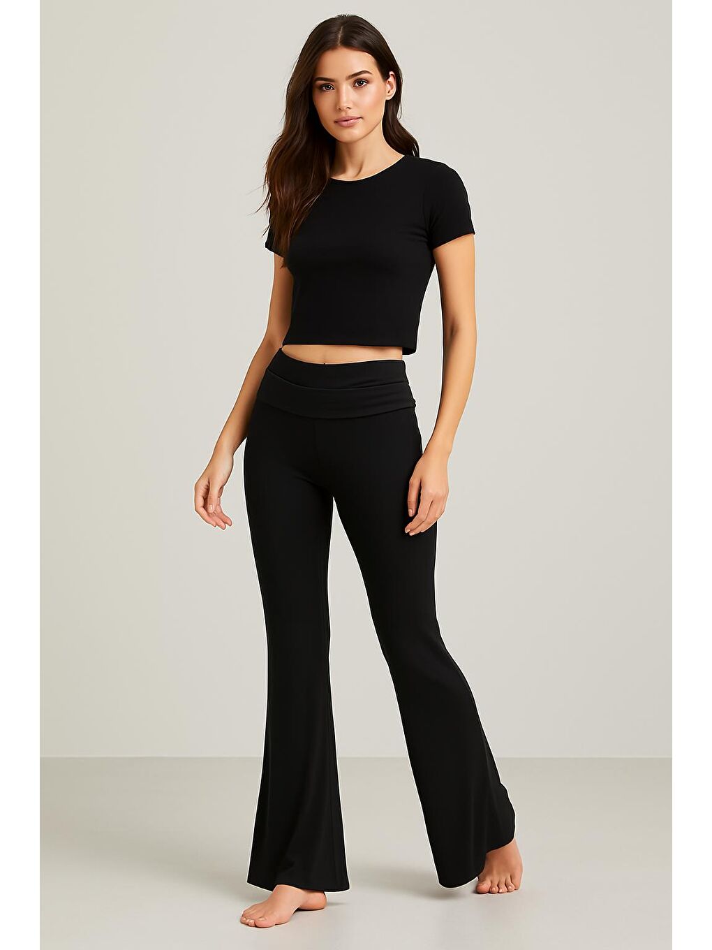 Siyah İspanyol Paça Katlanan Bel Jarse Esnek Viskoz Flared Pantolon VTP02-1