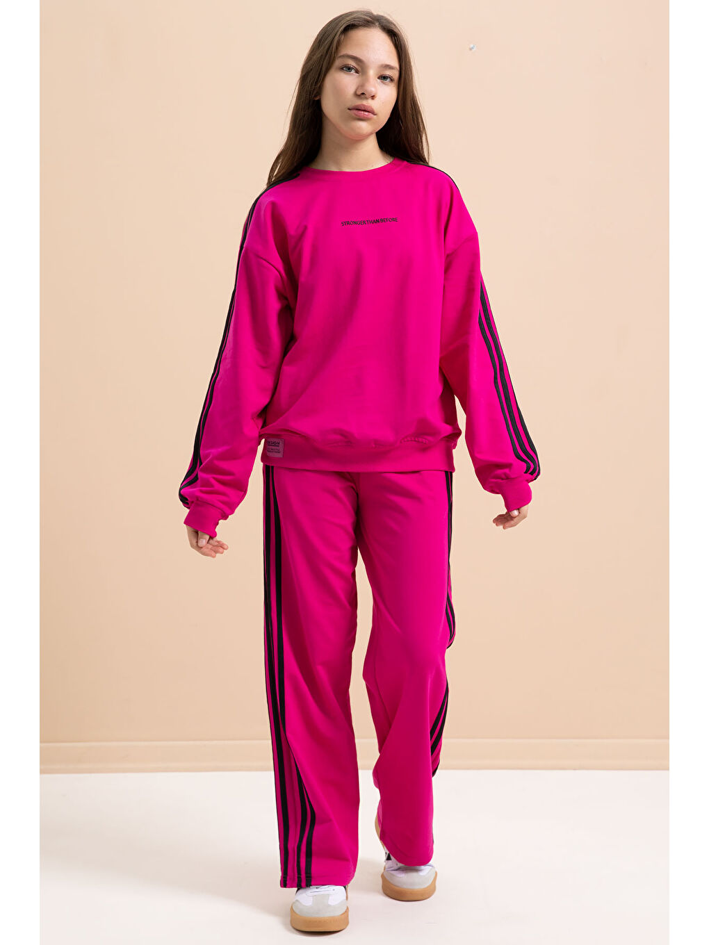 Fuşya Yanları Şeritli Geniş Paça Kız Eşofman Takımı 21300