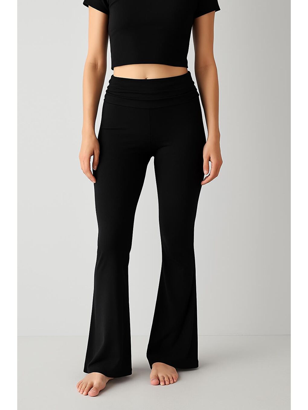 Siyah İspanyol Paça Katlanan Bel Jarse Esnek Viskoz Flared Pantolon VTP02-2