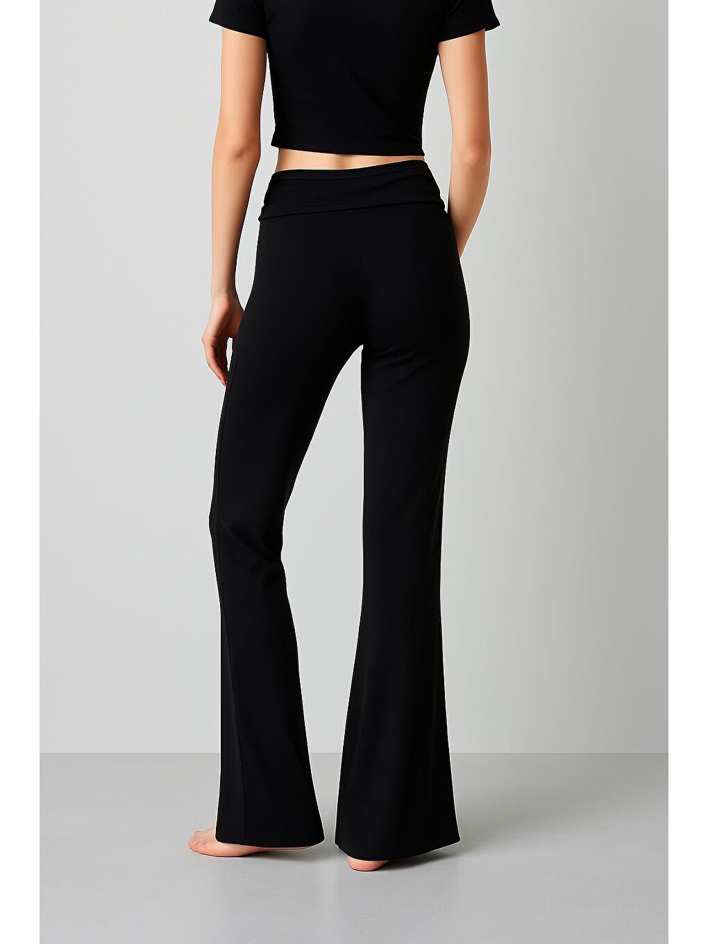 Siyah İspanyol Paça Katlanan Bel Jarse Esnek Viskoz Flared Pantolon VTP02-3