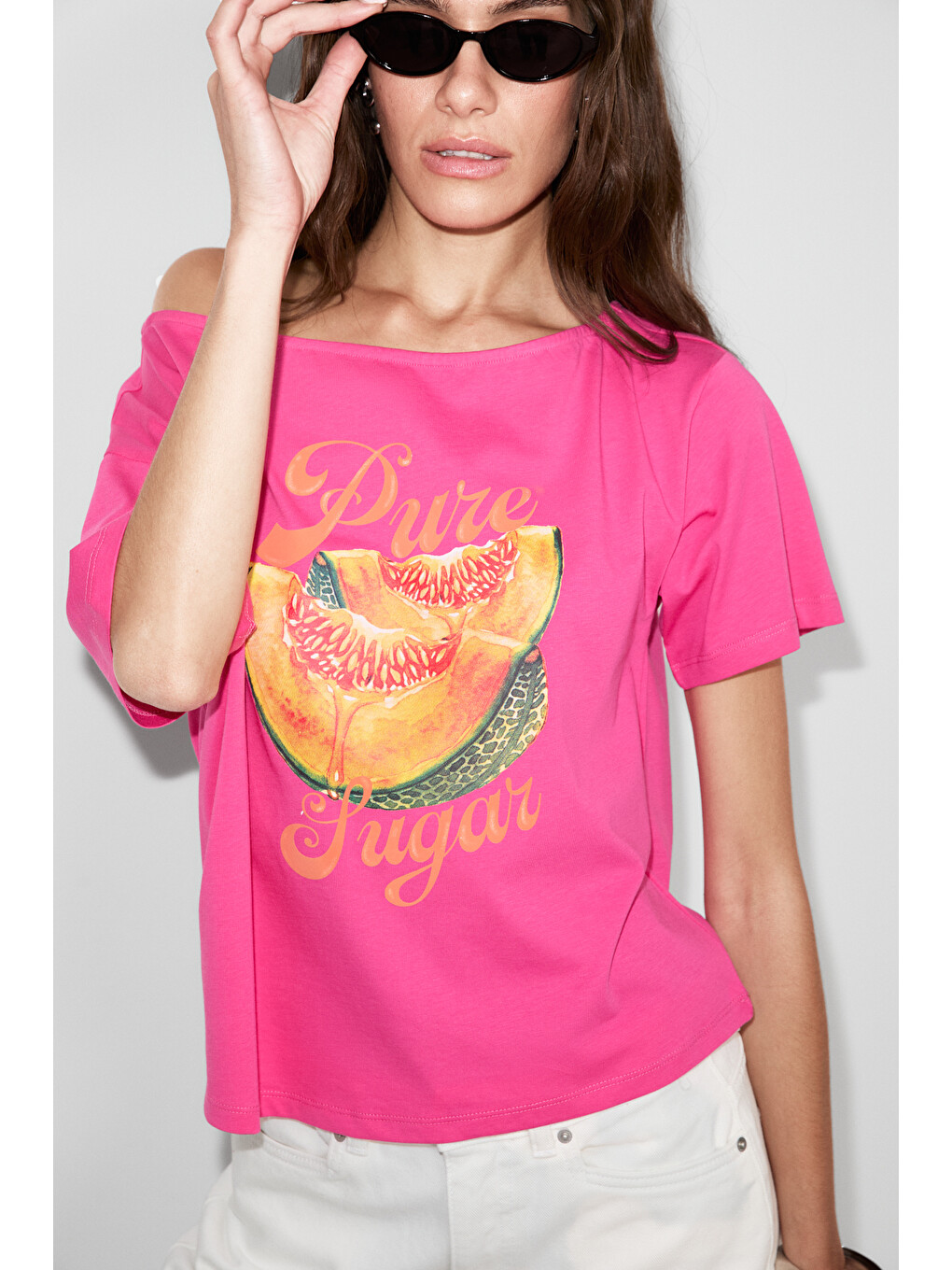 Qaly Kadın Kayık Yaka Tek Omuz Kısa Kol Ön Ve Arka Baskı Detaylı Relaxed Pembe T-shirt-2