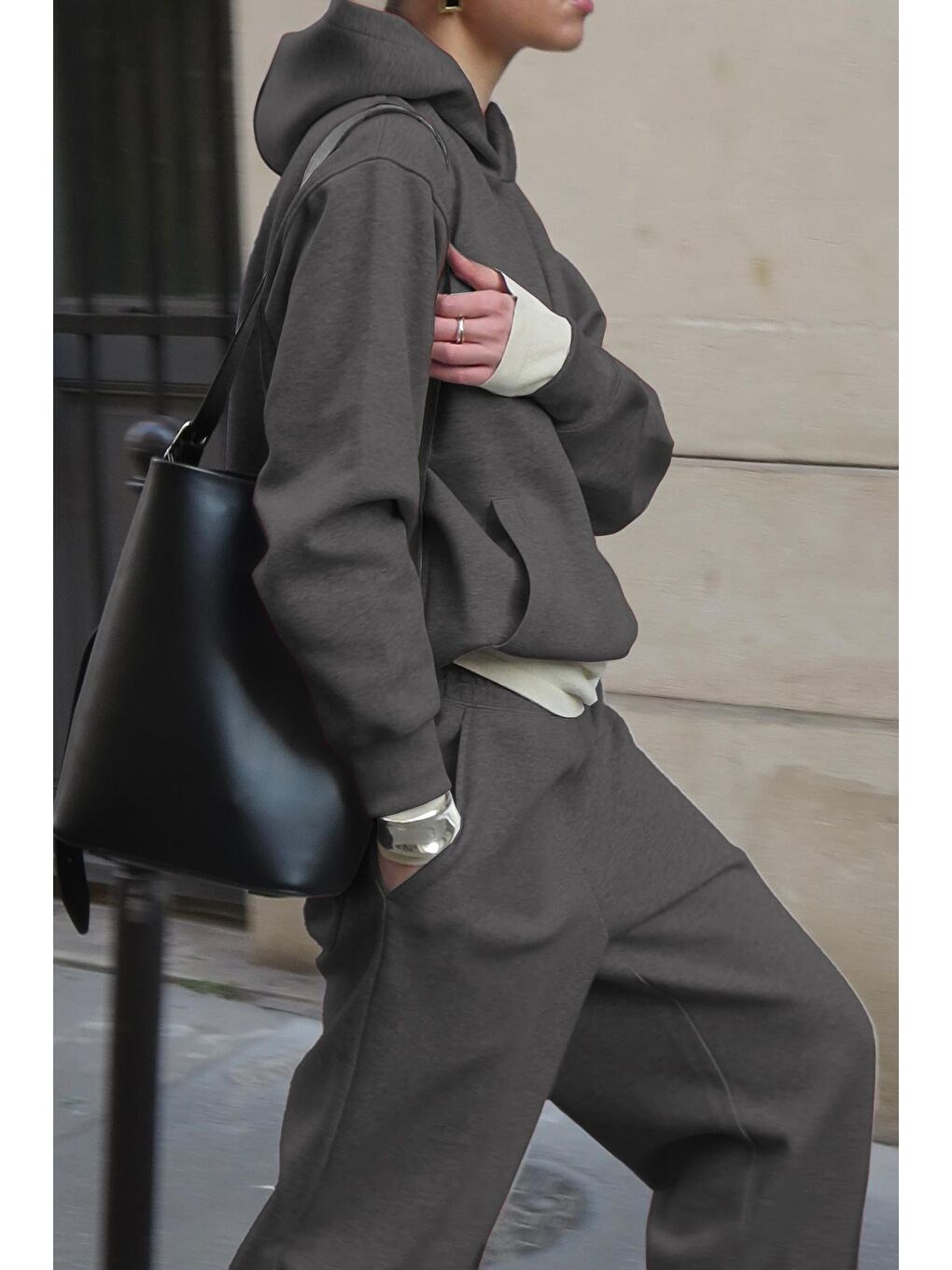 Gri Füme Kapüşonlu Triko Kadın Eşofman Takımı Mg2533-3