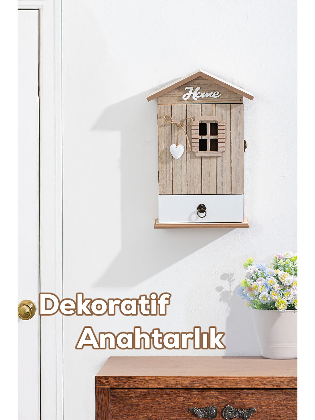 Kahverengi 2071 Duvara Montajlı Çekmeceli Dekoratif Anahtarlık Dolabı Askılı Anahtar Saklama Kabini-3