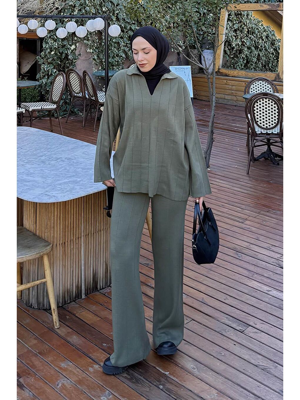 Yaka Detay İkili Tesettür Takım Haki