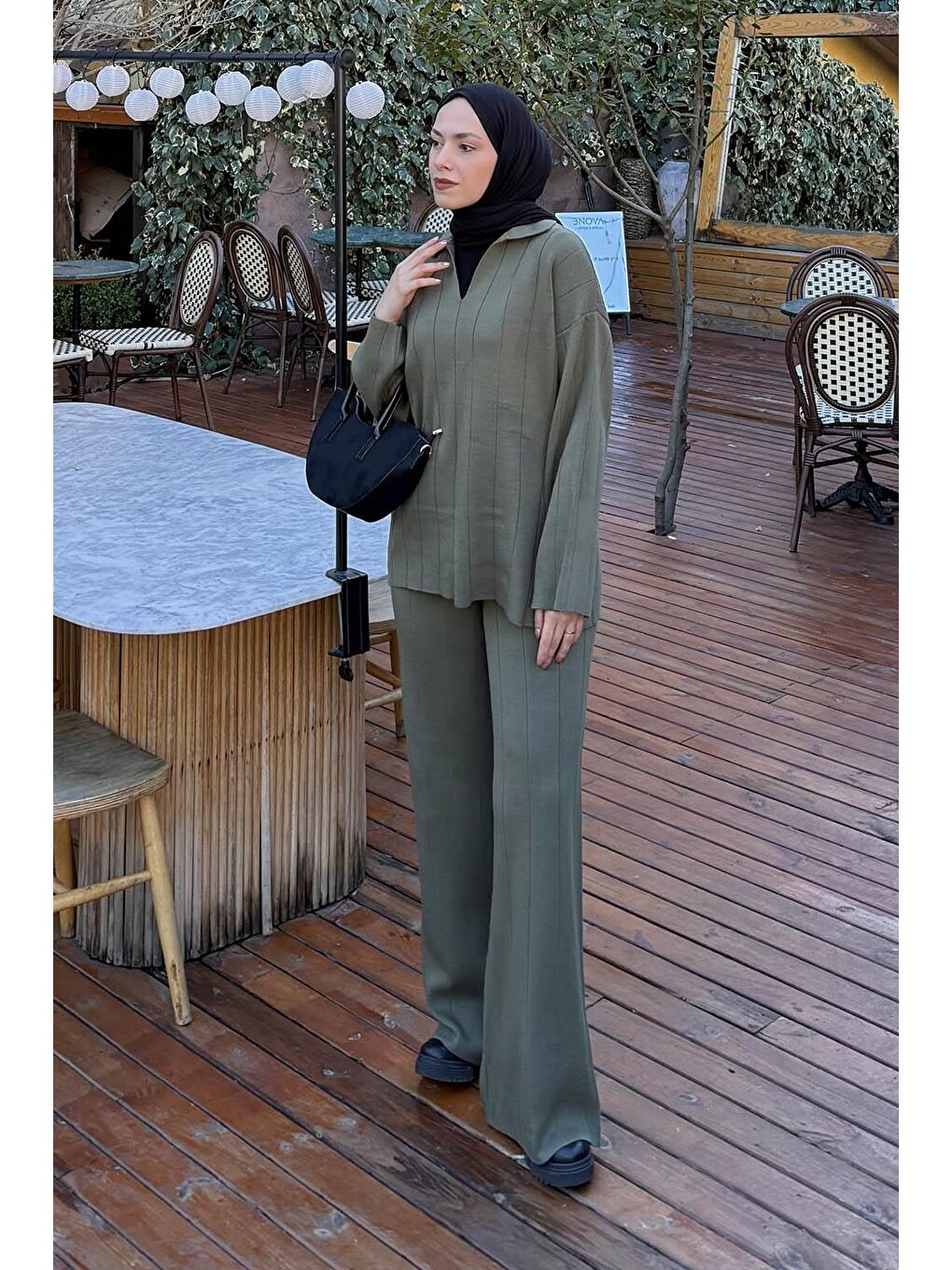 Yaka Detay İkili Tesettür Takım Haki-1