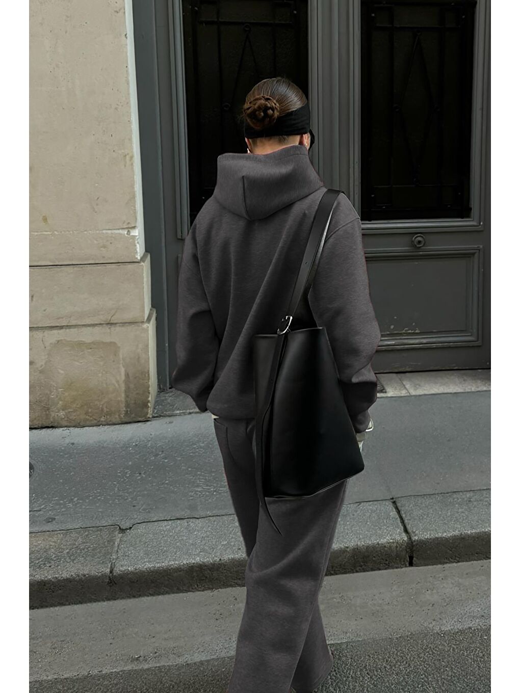 Gri Füme Kapüşonlu Triko Kadın Eşofman Takımı Mg2533-4