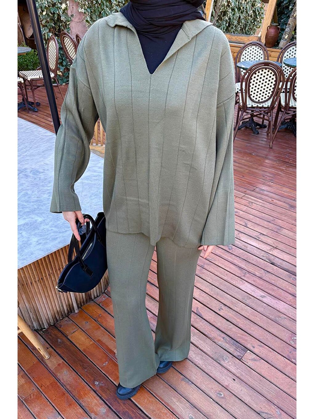Yaka Detay İkili Tesettür Takım Haki-2