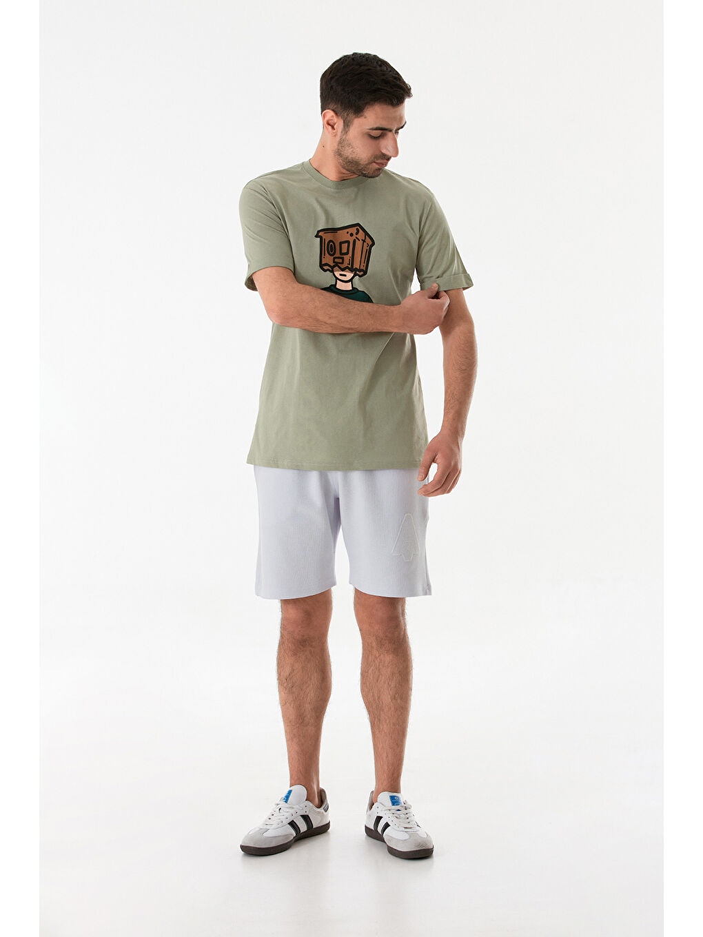 Turkuaz Dijital Baskı Bisiklet Yaka Tişört-3