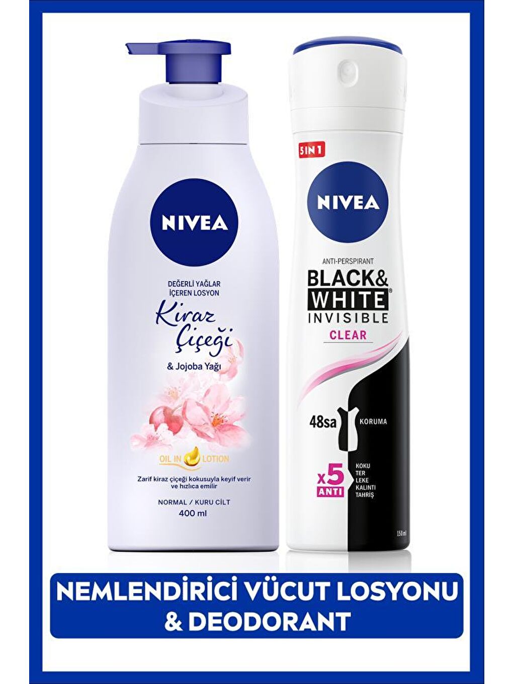 NIVEA Kadın Sprey Deodorant Black&White InvisibleClear 150ml,Kiraz Çiçeği Nemlendirici Vücut Losyonu 400ml