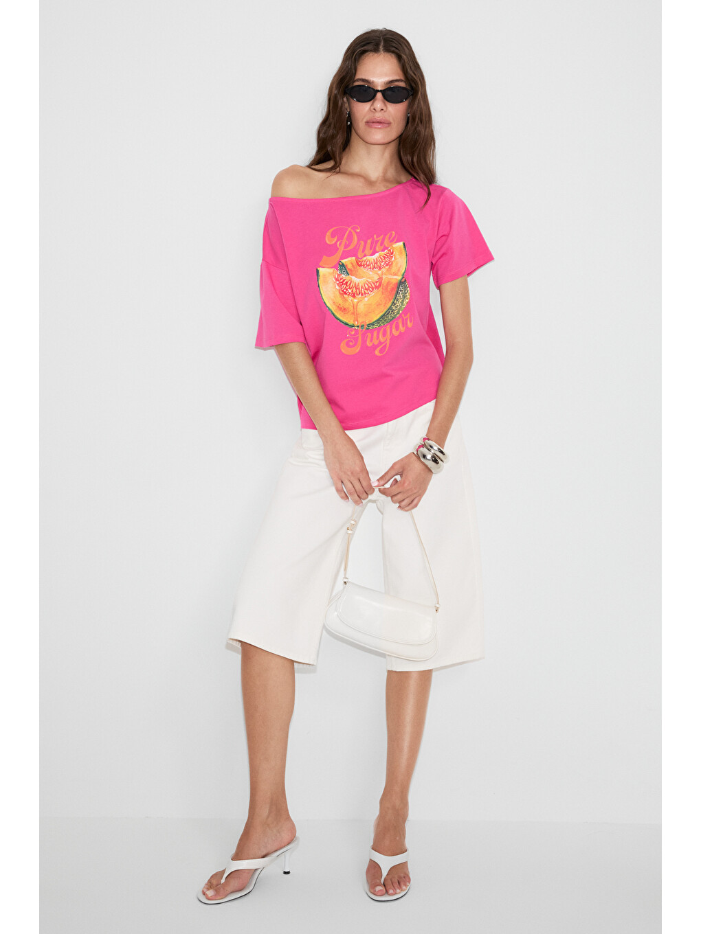 Qaly Kadın Kayık Yaka Tek Omuz Kısa Kol Ön Ve Arka Baskı Detaylı Relaxed Pembe T-shirt-3
