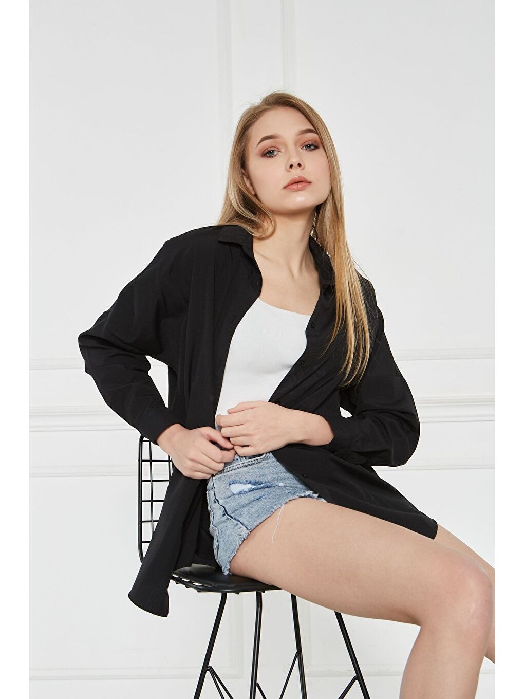 Kadın Oversize Uzun Basic Siyah Gömlek-1