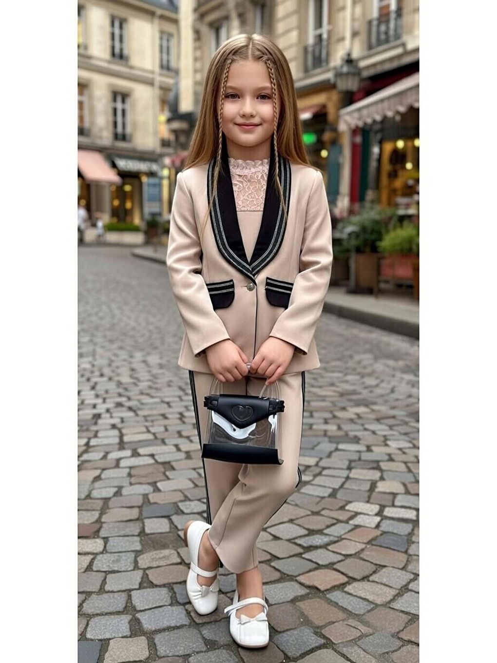 Kız Çocuk Yakası Taştan Şerit İşlemeli Ceket ve Yakası Dantel İşlemeli Bluz Bej Alt Üst Takım-1