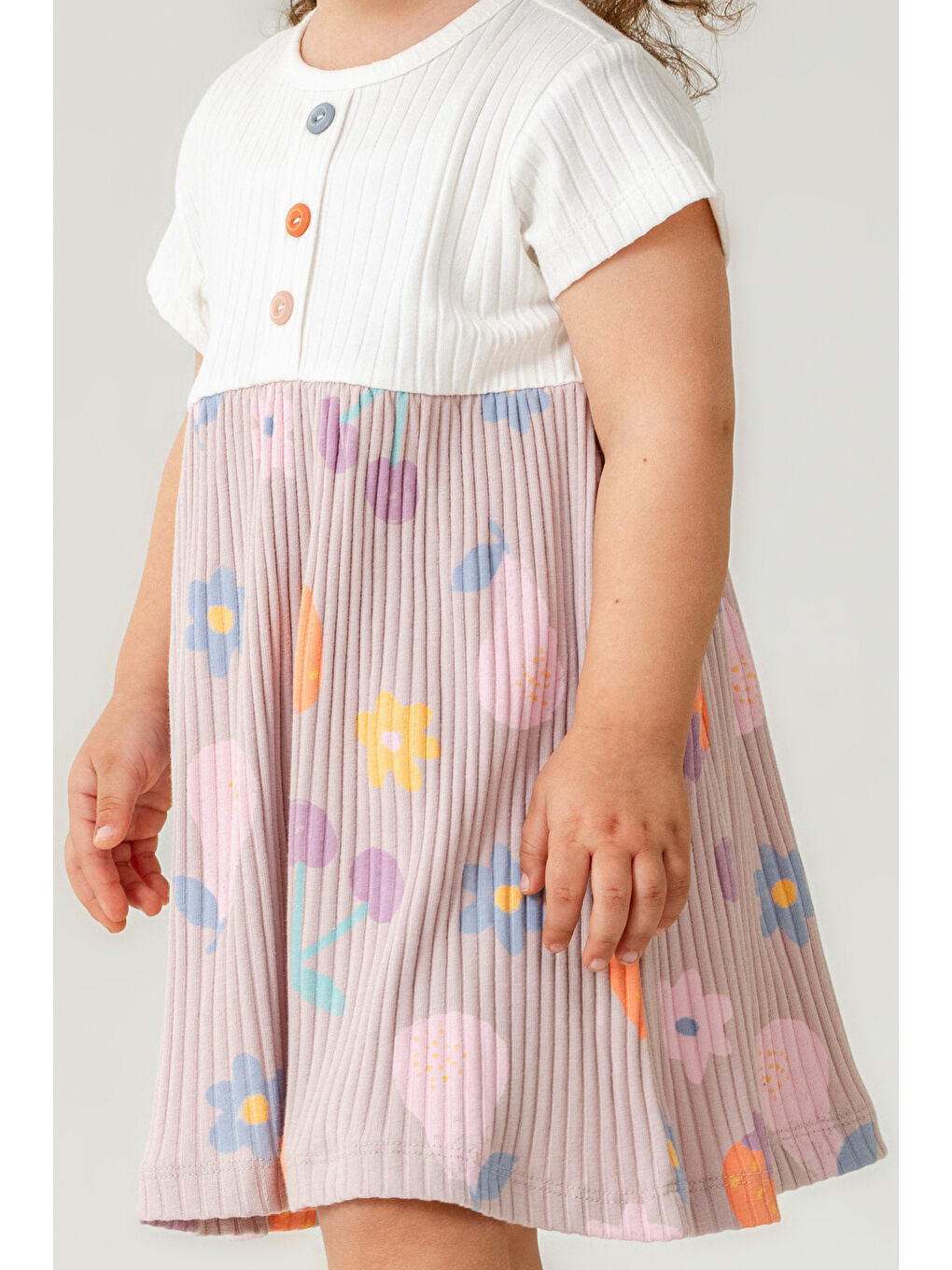 Kız Bebek Düğme Detaylı Desenli Elbise 6-24 Ay Açık Lila 015-2-2