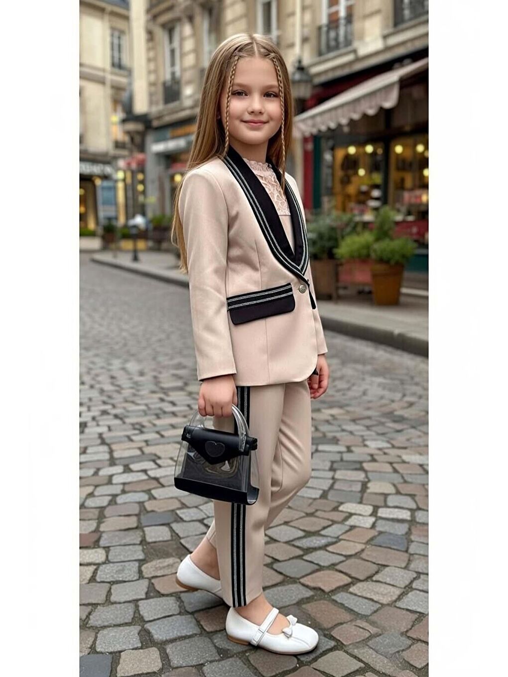 Kız Çocuk Yakası Taştan Şerit İşlemeli Ceket ve Yakası Dantel İşlemeli Bluz Bej Alt Üst Takım-2