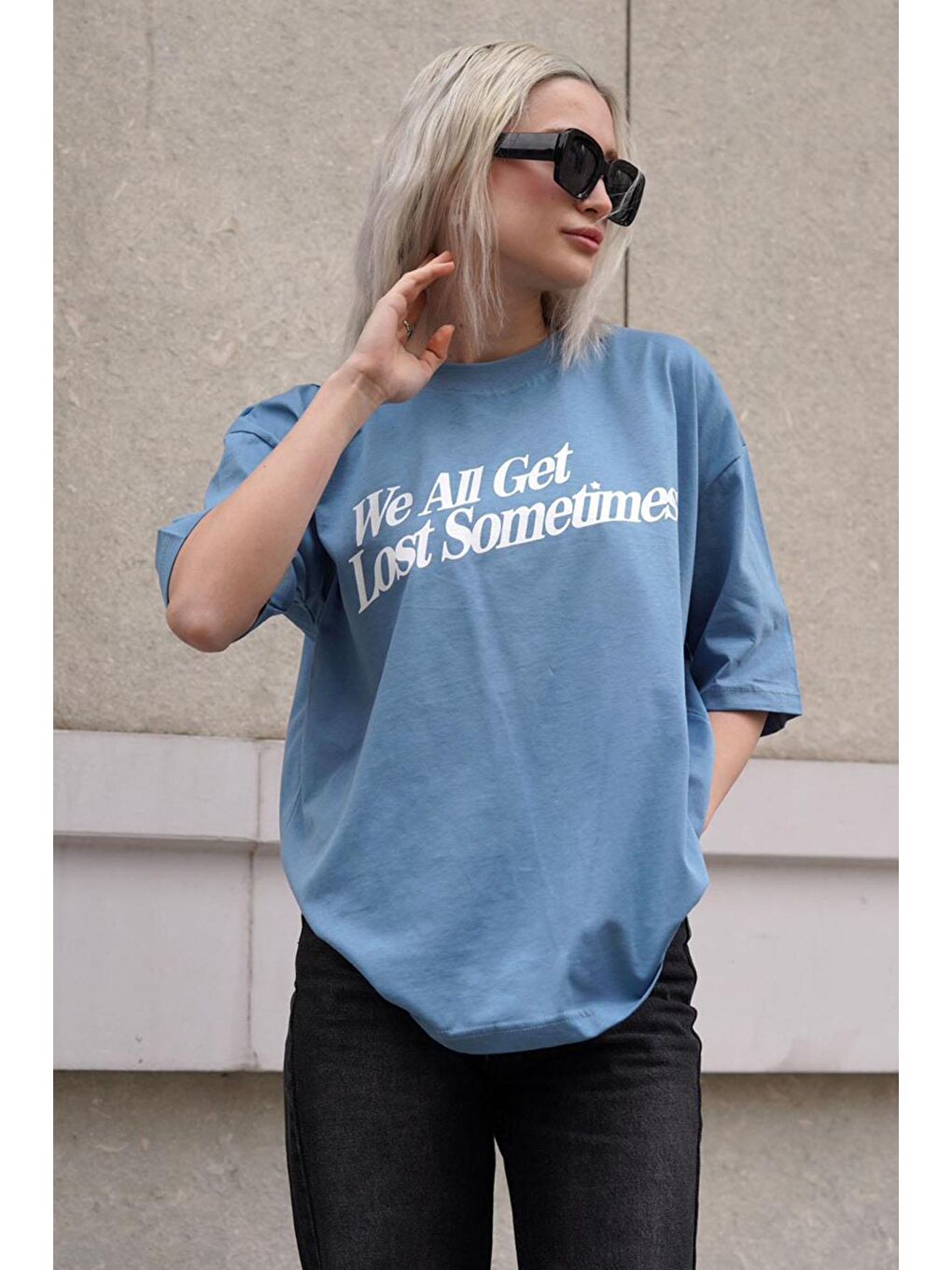 Mavi Baskılı Oversize Tişört Mg1532