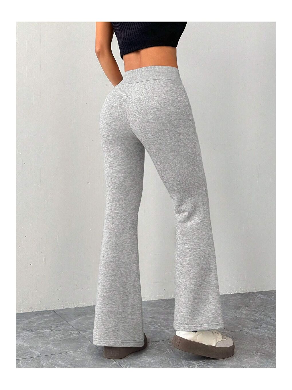 Gri Kadın Yüksek Bel Flare Paça Eşofman Altı – 2 İplik Kumaş, Toparlayıcı, İspanyol Paça-5