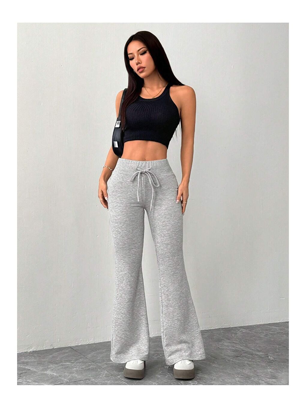 Gri Kadın Yüksek Bel Flare Paça Eşofman Altı – 2 İplik Kumaş, Toparlayıcı, İspanyol Paça-6