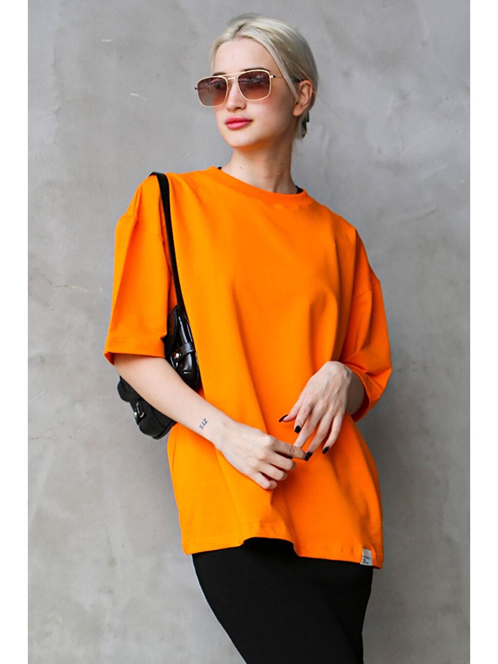 Turuncu Bisiklet Yaka Basic Oversize Tişört Mg1687-5