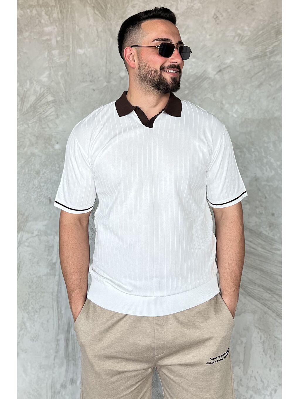 Beyaz Erkek Polo Yaka Kendinden Çizgi Desenli Triko Tişört-1