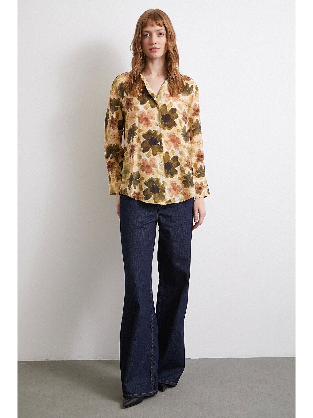 Çiçekli Vual Gömlek Haki-1