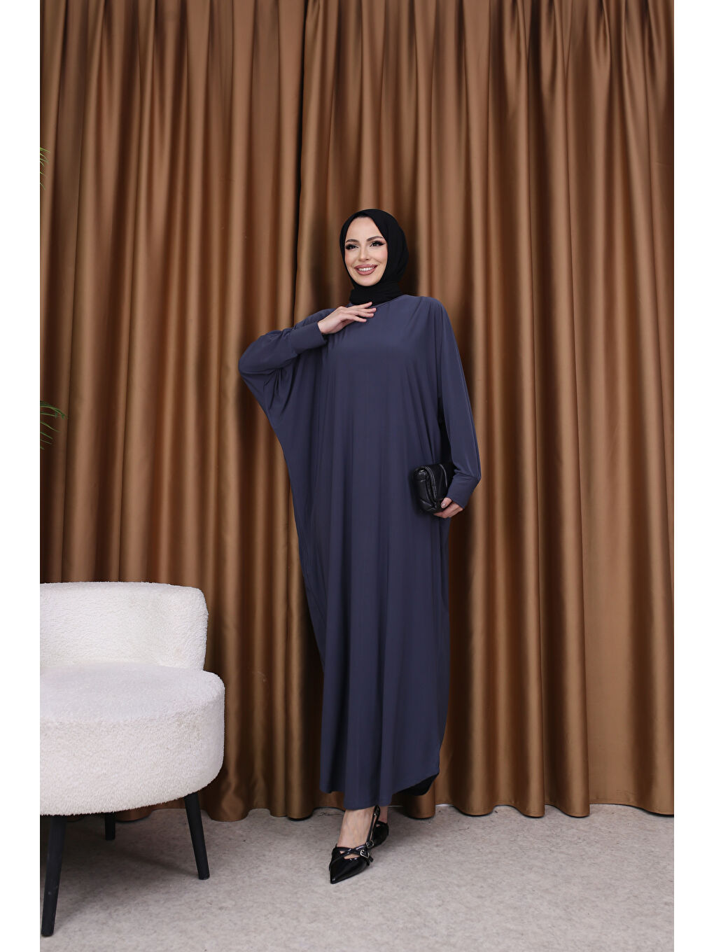 Gri Kadın Trend Basic Uzun Kollu Füme Elbise