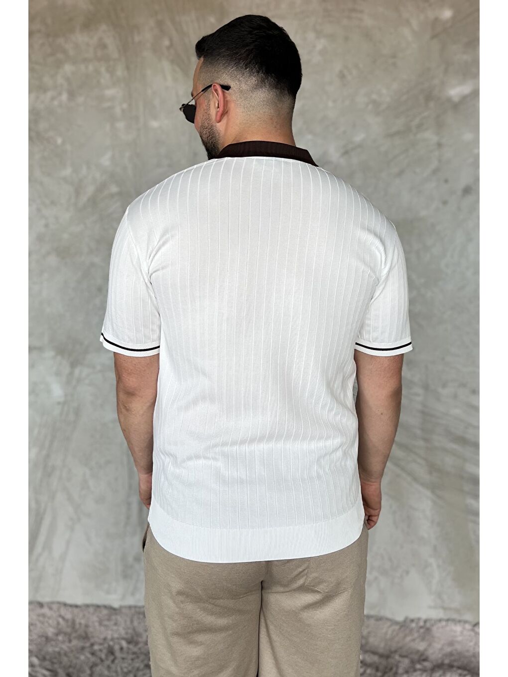 Beyaz Erkek Polo Yaka Kendinden Çizgi Desenli Triko Tişört-2