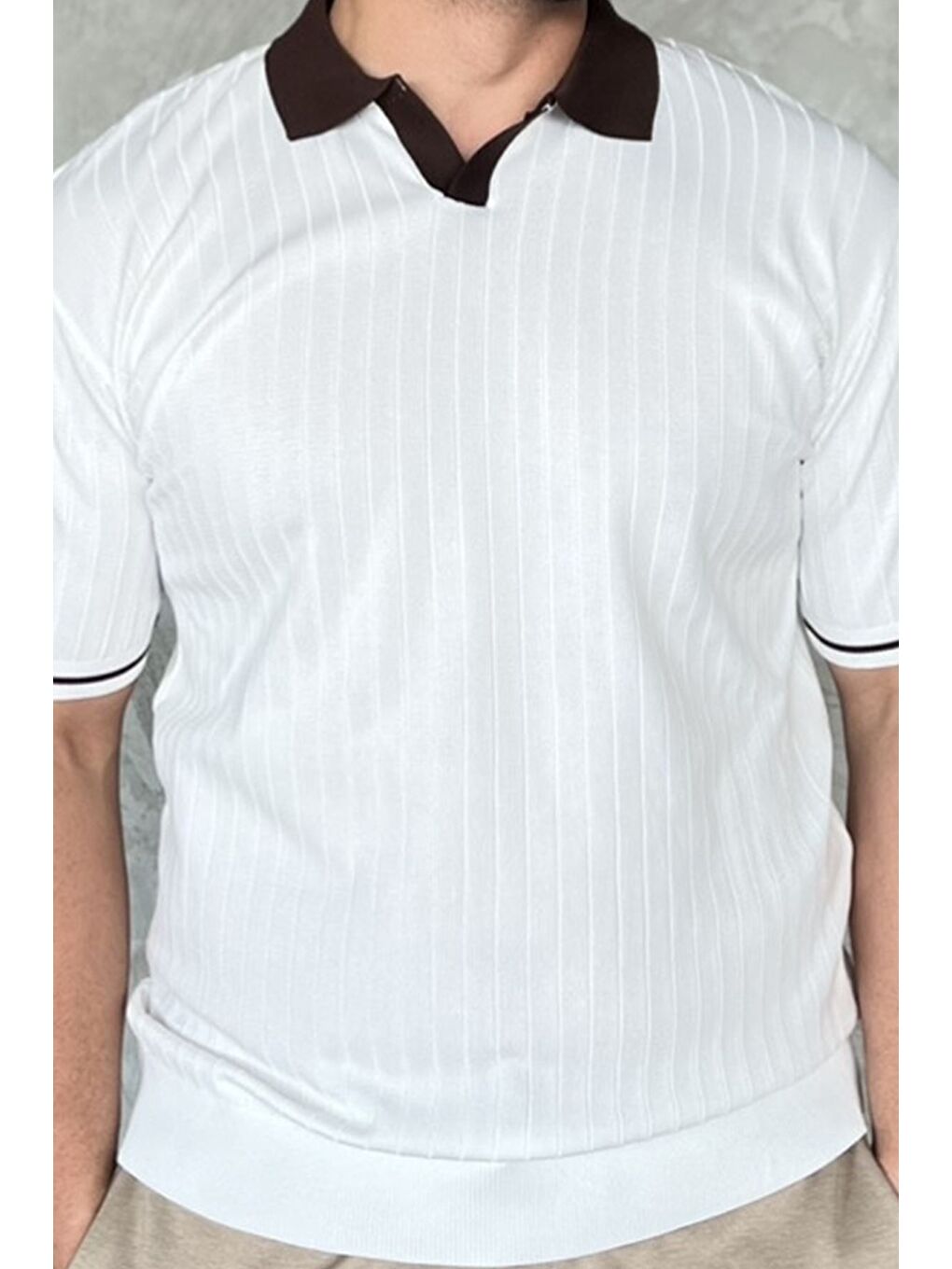 Beyaz Erkek Polo Yaka Kendinden Çizgi Desenli Triko Tişört-3