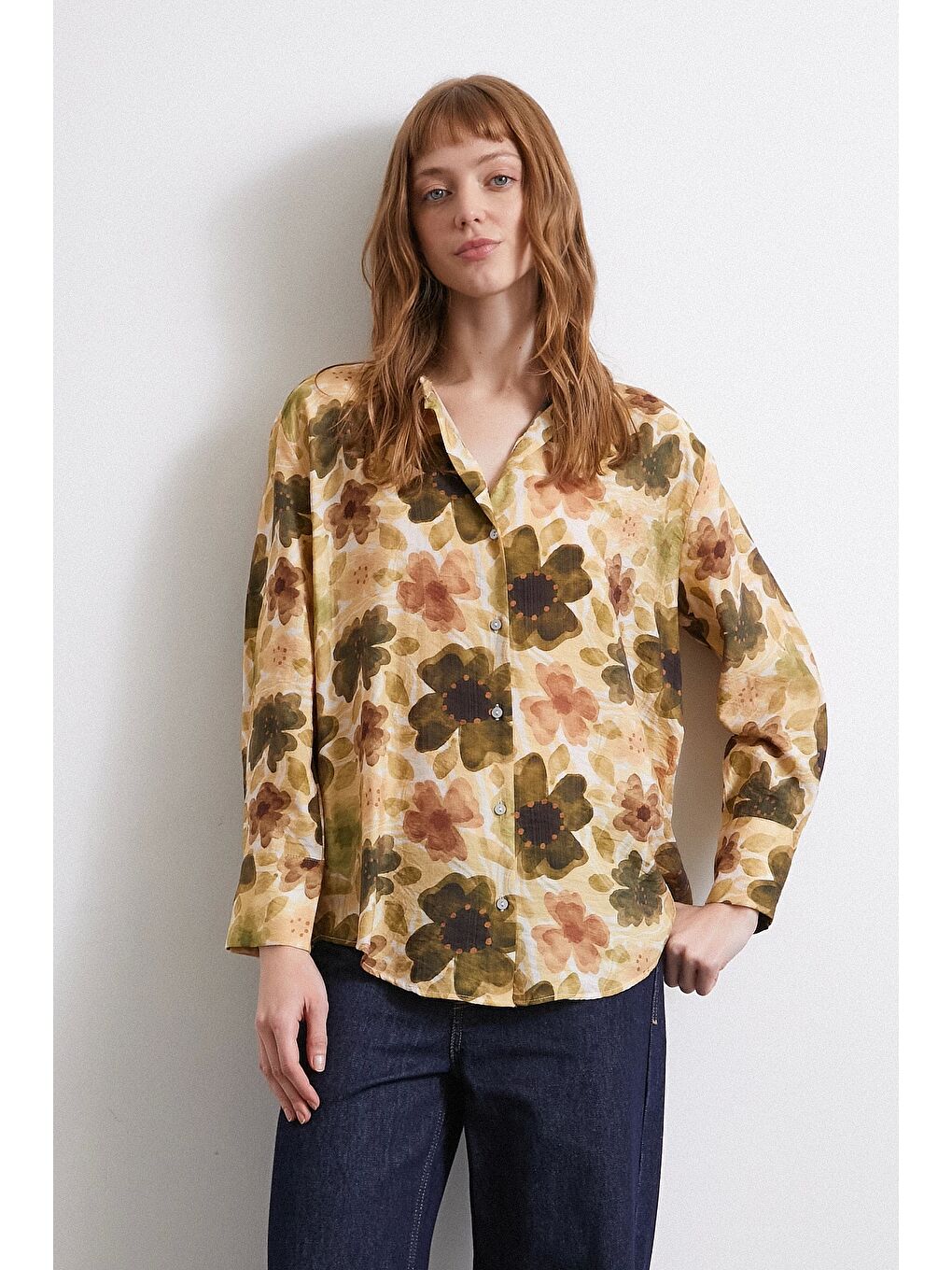 Çiçekli Vual Gömlek Haki-2