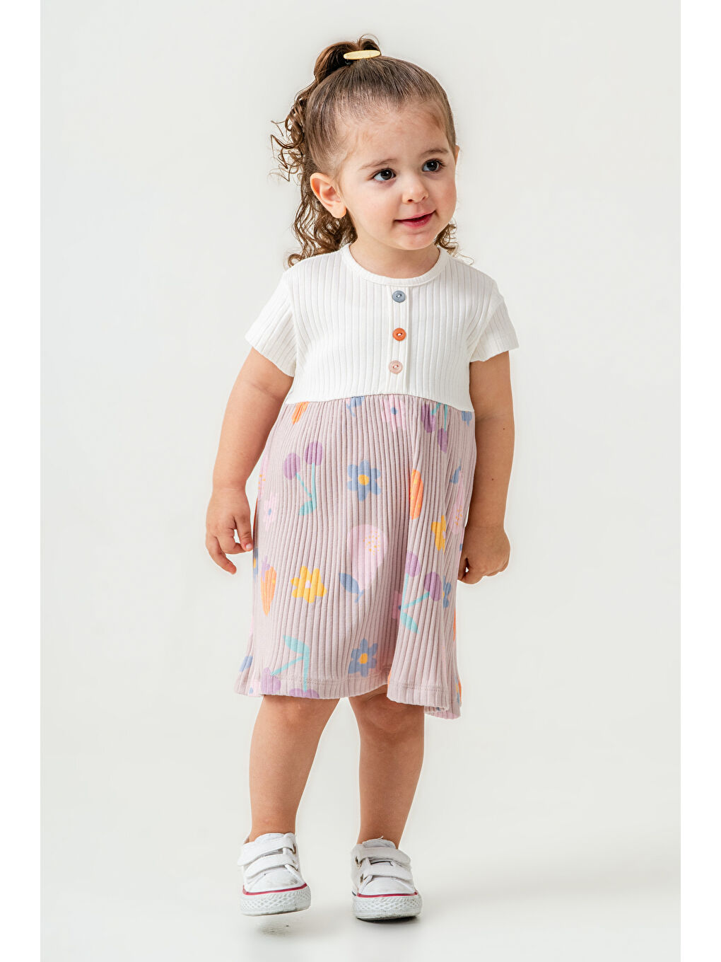 Kız Bebek Düğme Detaylı Desenli Elbise 6-24 Ay Açık Lila 015-2-4