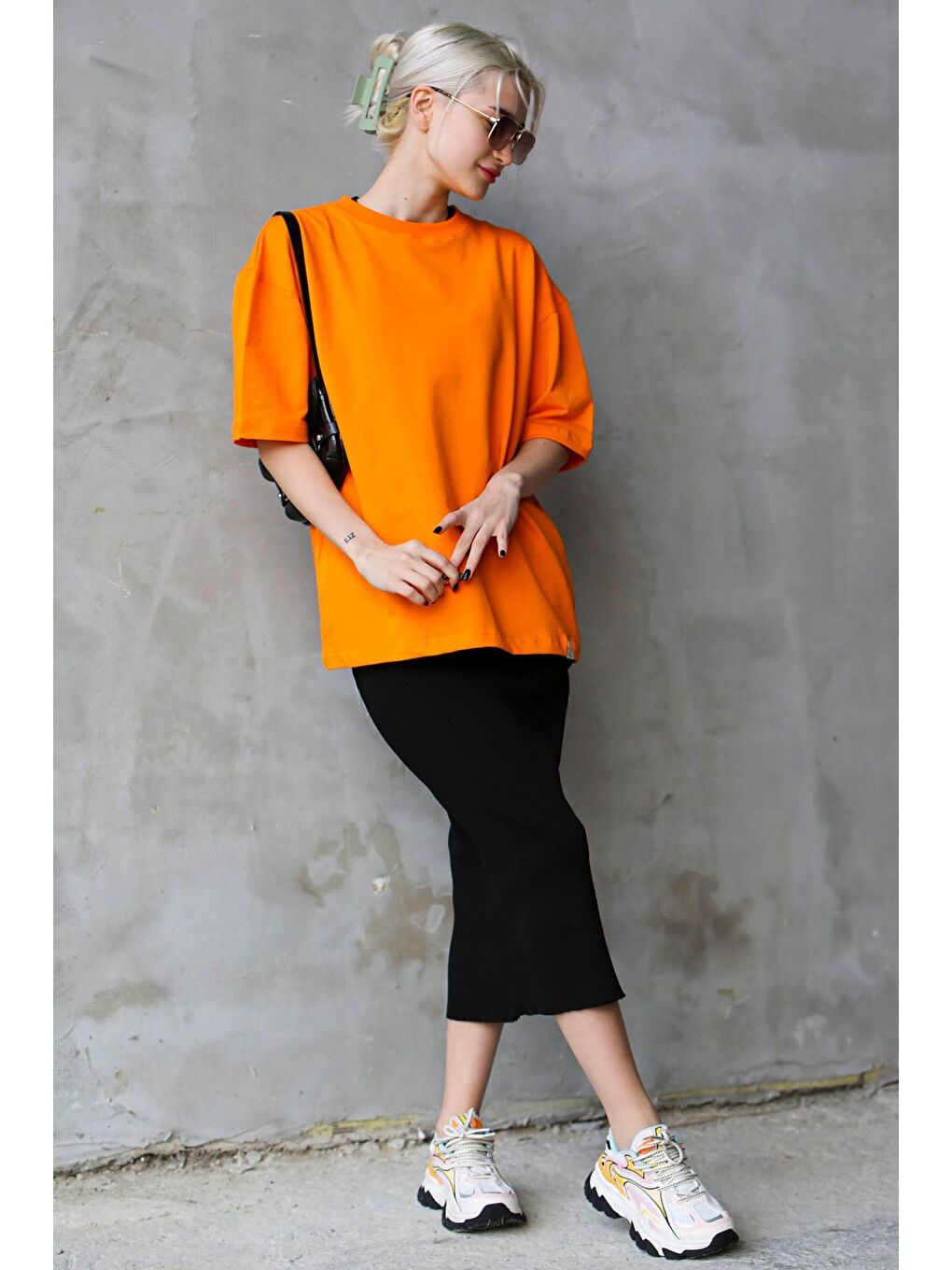 Turuncu Bisiklet Yaka Basic Oversize Tişört Mg1687-6